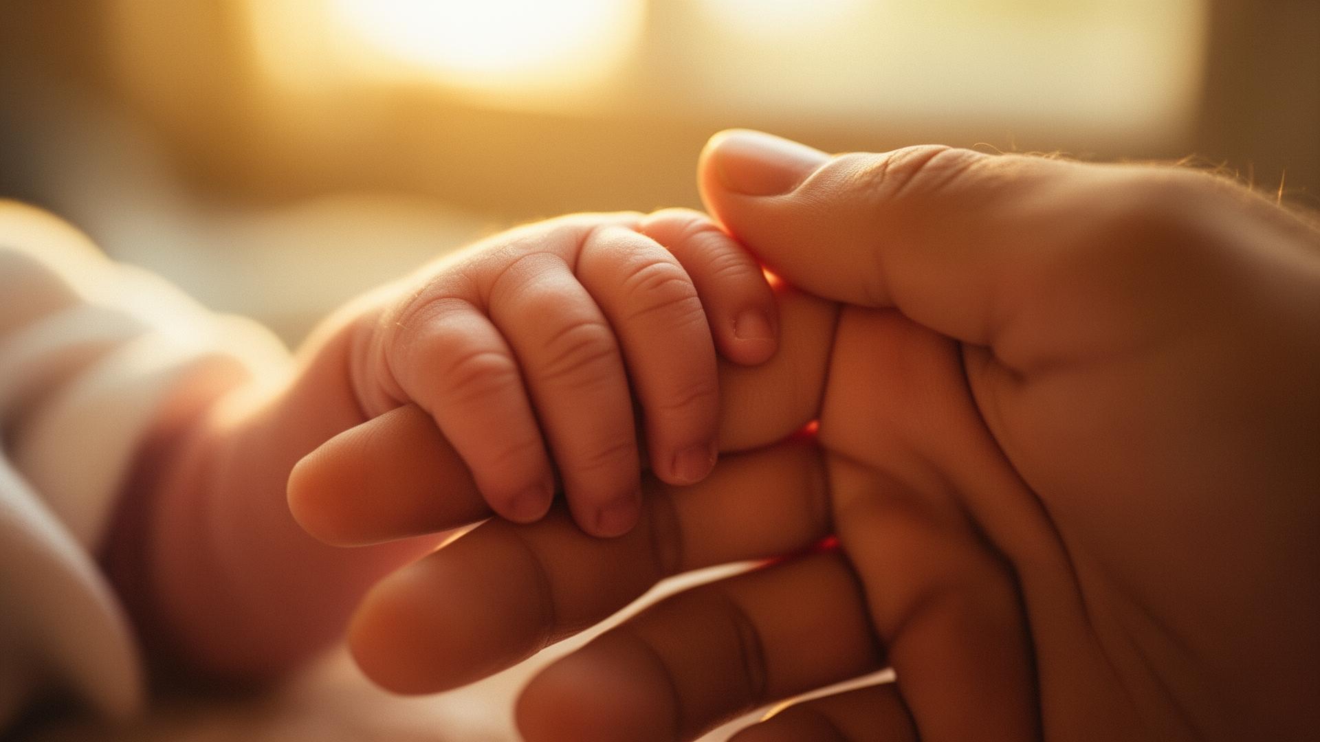 A newborn's tiny fingers wrapped around an adult's hand at golden hour
